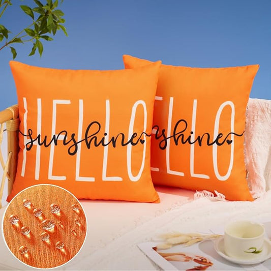 DFXSZ Outdoor Pillow Covers 18x18 Inch Set of 2 Hello Sunshine Decor Orange Waterproof Throw Pillow Covers Fall Outdoor Waterproof Pillow Covers Decor for Patio Funiture Garden Sofa Couch 020C18