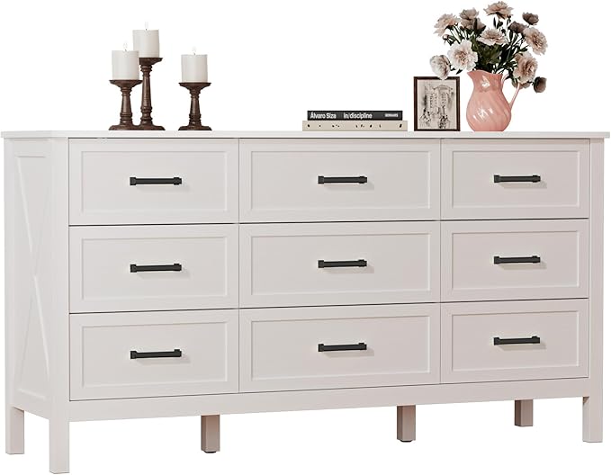 LYNSOM Farmhouse 9 Drawers Dresser for Bedroom, 55" Wide Wood Rustic Chest of Drawers with Natural Texture, Metal Handle, Storage Dressers Organizer for Entryway, Hallway, White