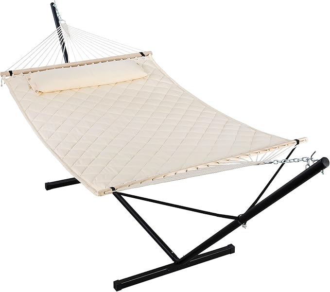 ANOW Outdoor Hammock with 12 Feet Heavy Duty Steel Stand, Two Person Hammock with Stand Included, 450 LBS Weight Capacity, Cream