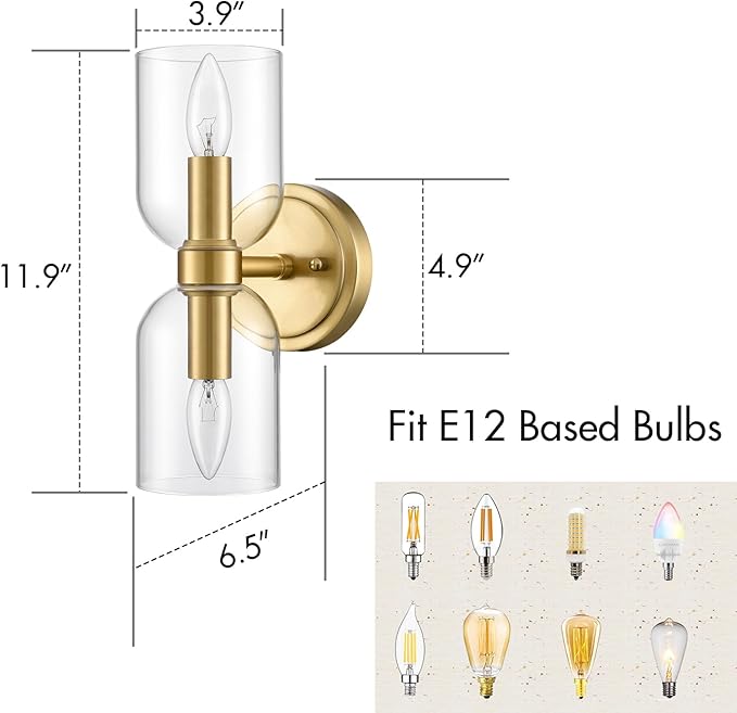 CLAXY Gold Wall Sonce Dimmable E12 Based Wall Lamp for Bathroom with Clear Shades-Vertical and Horizontal Installation
