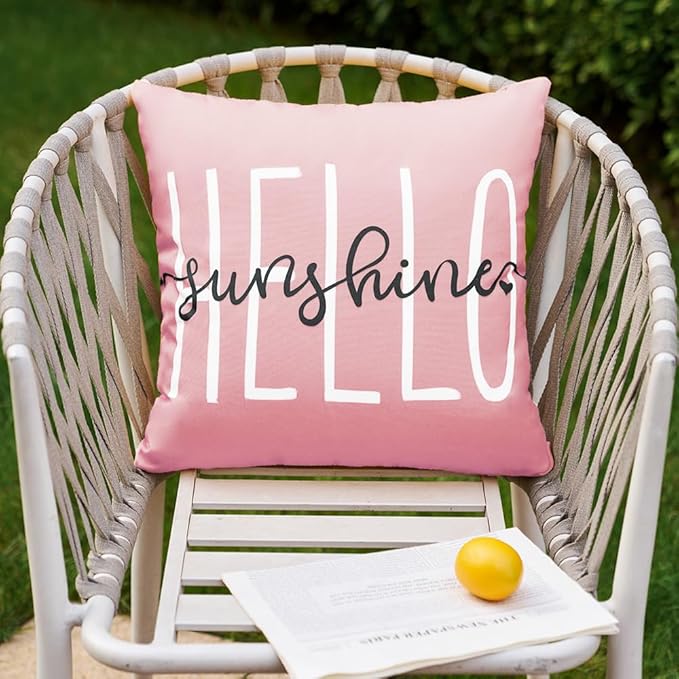 DFXSZ Outdoor Pillow Covers 16x16 Inch Set of 2 Hello Sunshine Decor Pink Waterproof Throw Pillow Covers Summer Outdoor Waterproof Pillow Covers Decor for Patio Funiture Garden Sofa Couch 020F16