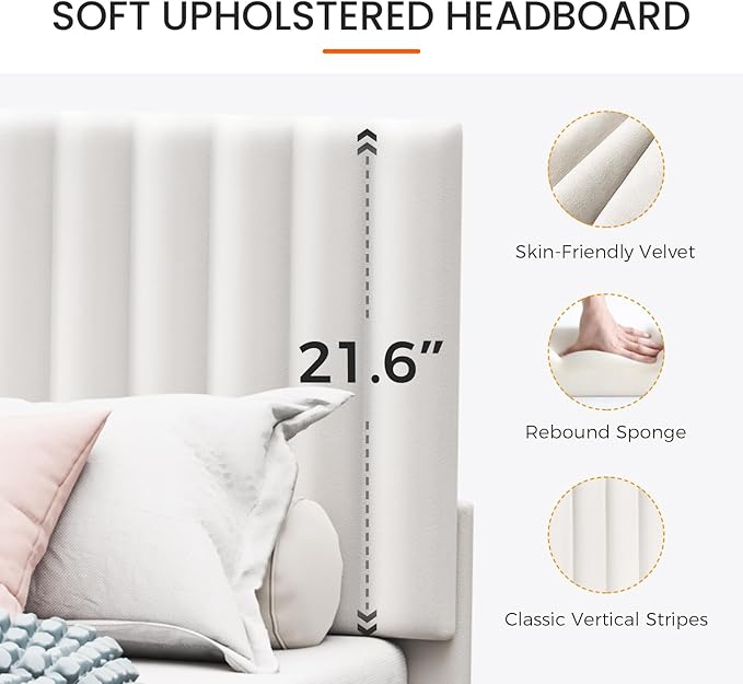 Casaottima Queen Bed Frame, Velvet Upholstered Platform Bed with Headboard, Strong Wooden Slats Support, Noise-Free Mattress Foundation, No Box Spring Needed, Easy Assembly,Vertical Stripe Cream White