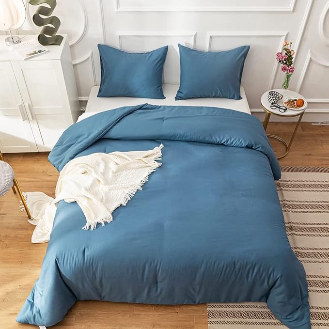Cottonight Blue Comforter Sets King Lake Blue Bedding Set Haze Blue Blanket Quilt Solid Color Modern Breathable Soft King Bedding Comforter Sets for Women Men
