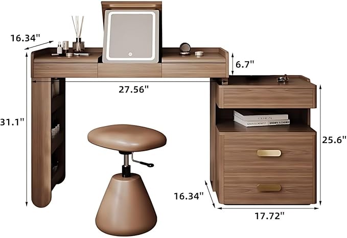 Mid Century Makeup Vanity - Solid Wood Vanity Set with Adjustable Makeup Stool and 5 Drawers, Storage Table Leg, Dressing Table Include Flip Makeup Mirror for Bedroom (Walnut Color,27.56'')