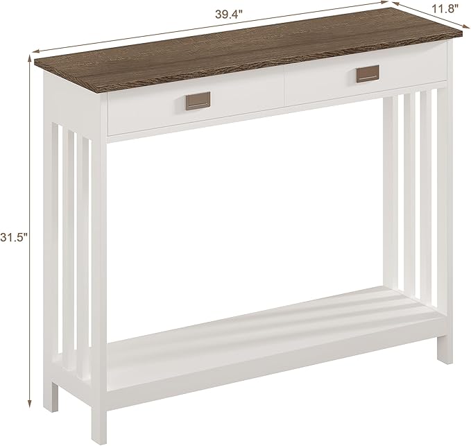 ChooChoo Farmhouse Console Table with Drawer, Mission Narrow Entryway Sofa Table with Storage, for Entryway, Living Room and Hallway, Soft White and Brown