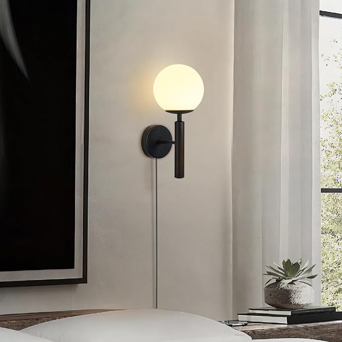 KCO Lighting Plug in Wall Sconce Light Black Vintage Industrial Wall Light White Glass Shade Bedside Wall Lamp for Bedroom Stairs Hallway(Black Plug in)