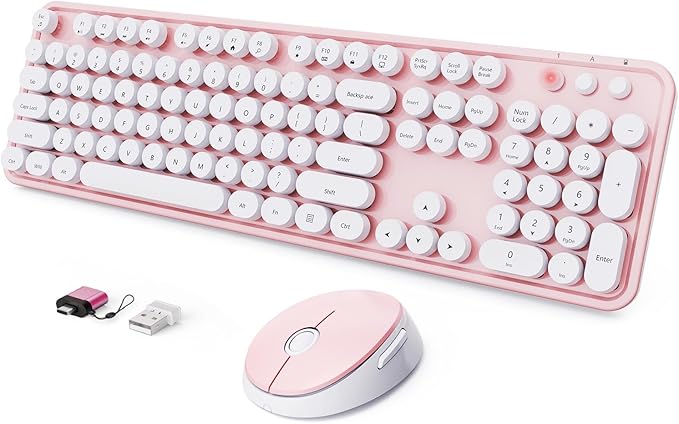 Wireless Keyboard and Mouse Combo, Ergonomic Full Size Typewriter Retro Round Keycaps Keyboard, Compatible with Windows, PC, Perfer for Home and Office Keyboards (Lovely Pink)