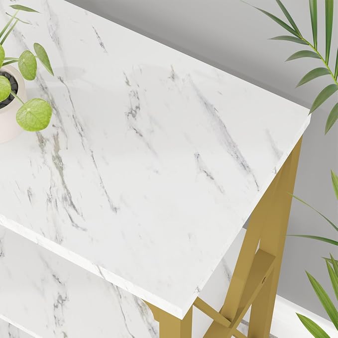 IBF Modern 3 Tier Entryway Table, Industrial Metal Wood TV Console Table with Storage Shelves, Farmhouse White Faux Marble and Gold Sofa Accent Table for Hallway Entry Way Foyer Living Room, 55 Inch