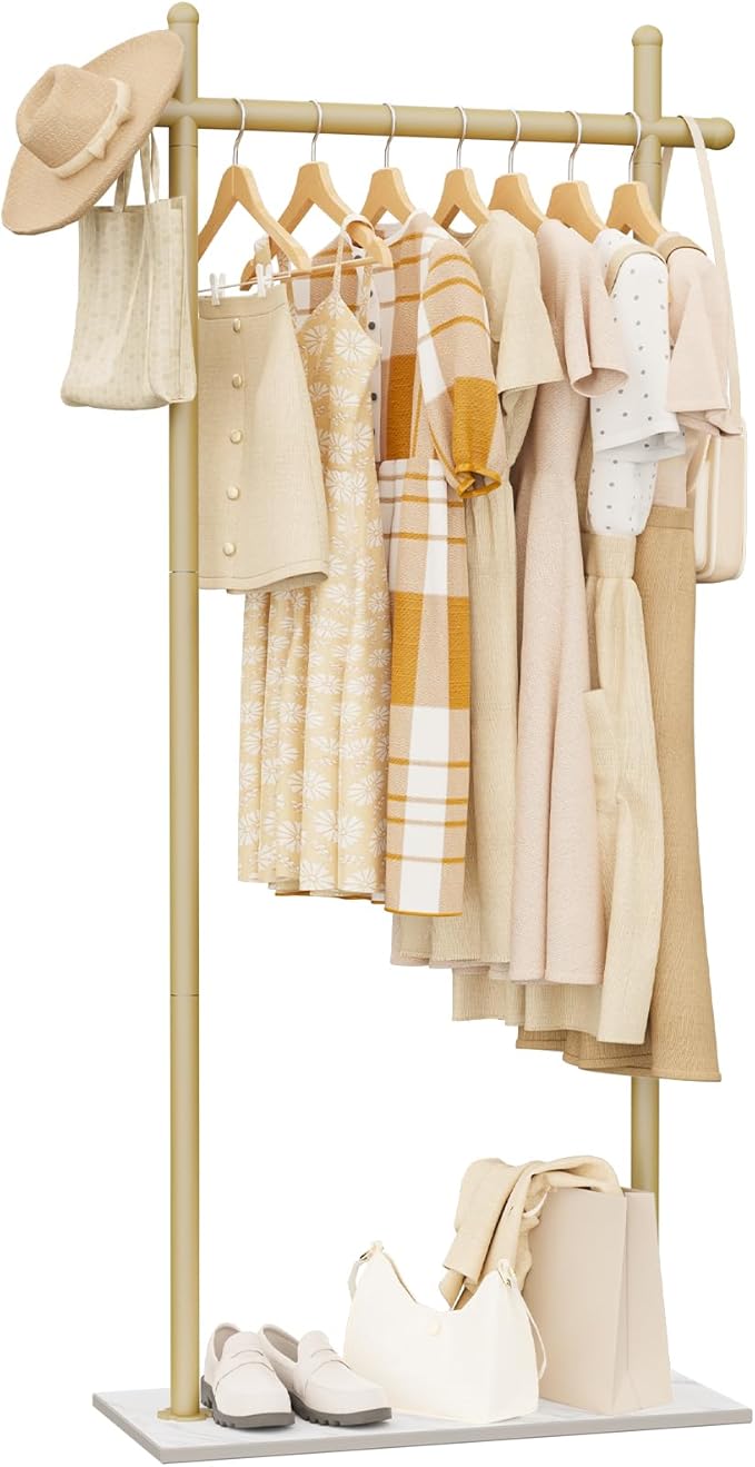Coat Rack Freestanding with Natural Rock Base, Metal Coat Hanger Stand, Industrial Garment Rack, Clothes Tree for Bedroom Living Room Office To Hang Outerwear, Hats, 68.9in, Gold, Large