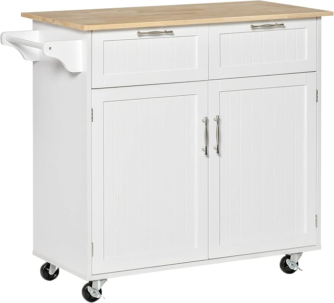 HOMCOM 41" Modern Rolling Kitchen Island on Wheels, Utility Cart Storage Trolley with Rubberwood Top & Drawers, White