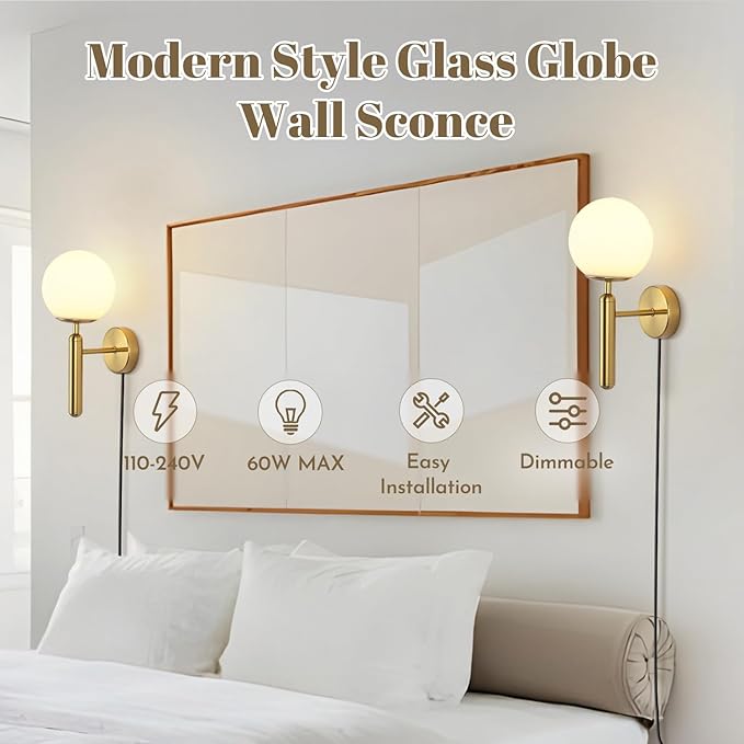 Modo Lighting Modern Plug in Wall Sconce Light Golden Wall Light Fixture with On/Off Toggle Switch Industrial Vintage Wall Lamp for Bedroom Bathroom Bedside E26 Base (Plug)