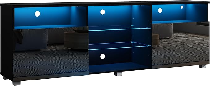 SUSSURRO LED TV Stand for 65/70 inch TV, Television Table Center Media Console with Drawer and Led Lights, High Glossy Modern Entertainment Center for Living Game Room Bedroom, Black