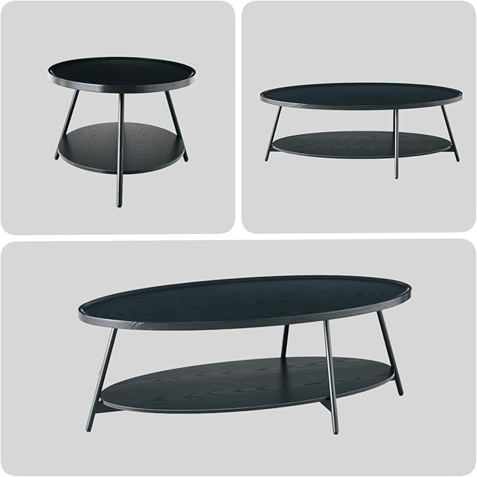 Saint Mossi Modern Black Coffee Table for Living Room, Mid-Century Oval Wood Coffee Table, Double Layer Center Table for Small Space, D47xW23.6xH15