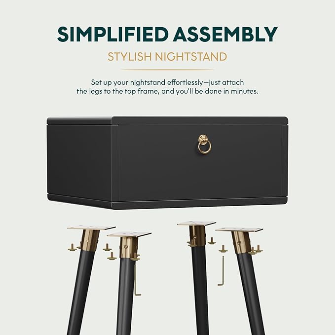 Bme Alden Wood Nightstand, Solid Wood End Table, Mid Century Modern Nightstand, Side Table with 1 Drawer, Compact for Bedroom, Living Room & Study Room, Easy Assembly, Black