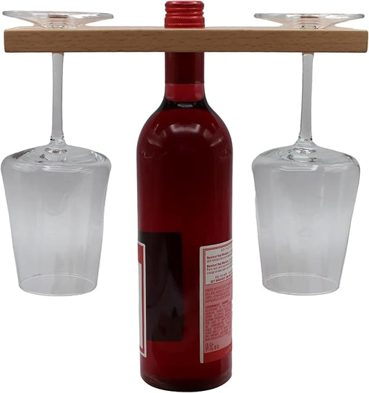 Wine & Glass Holder - Countertop or Shelf Storage Rack for 2 Glasses & Bottle, Decorative Holiday or Housewarming Gift, Solid Beachwood, 10 Inch x 3.5 Inch