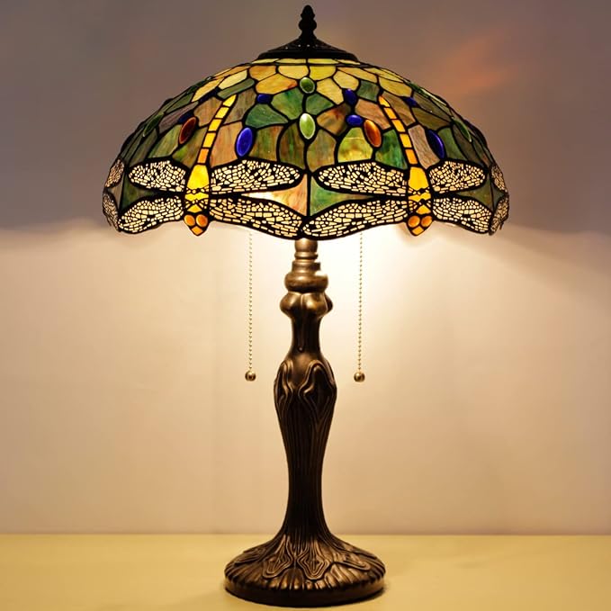 Tiffany Table Lamp Stained Glass Lamp 16X16X24 Inch Antique Reading Light (Amber Yellow Dragonfly)