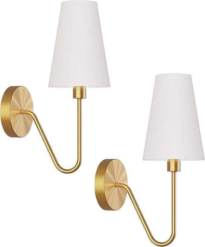 Electro bp;Single Head Classic 1 Light Wall Sconce Lighting Fixture Gold with Cream White Linen Fabric Lamp Shades E12 40W Hardwired (Set of 2);