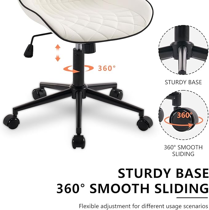 YOUNIKE White Ergonomic Home Office Desk Chair No Arms Comfy Small Criss Cross Chair with Wheels Swivel Adjustable Modern Vanity Chair with Back Armless Cute Leather Upholstered Rolling Task Chair