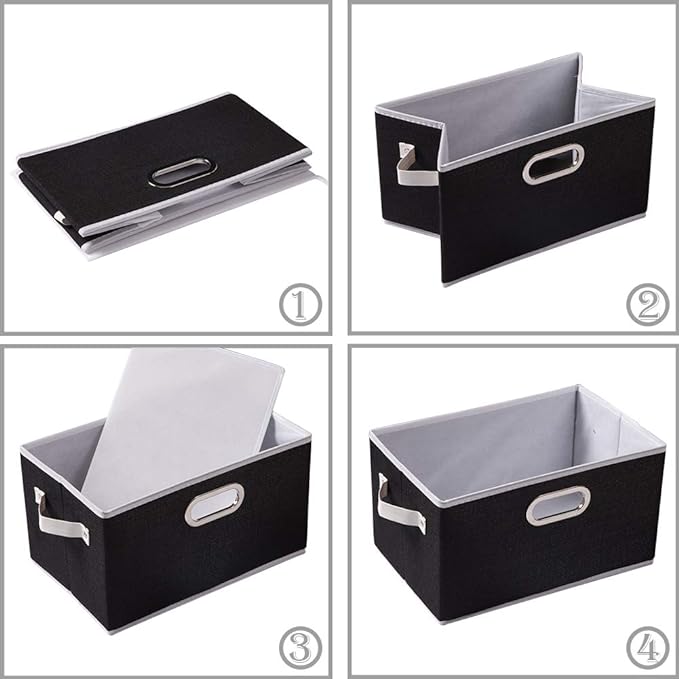 PRANDOM Fodable Storage Bins for Closet [3-Pack] Decorative Fabric Storage Baskets Cubes with Leather/Metal Handles for Shelves Bedroom Living Room Black (11.5x8.5x6.7 Inch)