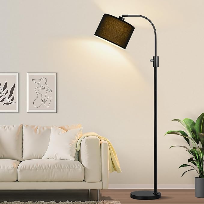 【Upgraded】 Dimmable Black Floor Lamp, 1200 Lumens LED Bulb Included, Arc Floor Lamps for Living Room Modern Standing Lamp with Black Shade, Tall Lamp for Living Room Bedroom Office Reading Room Office