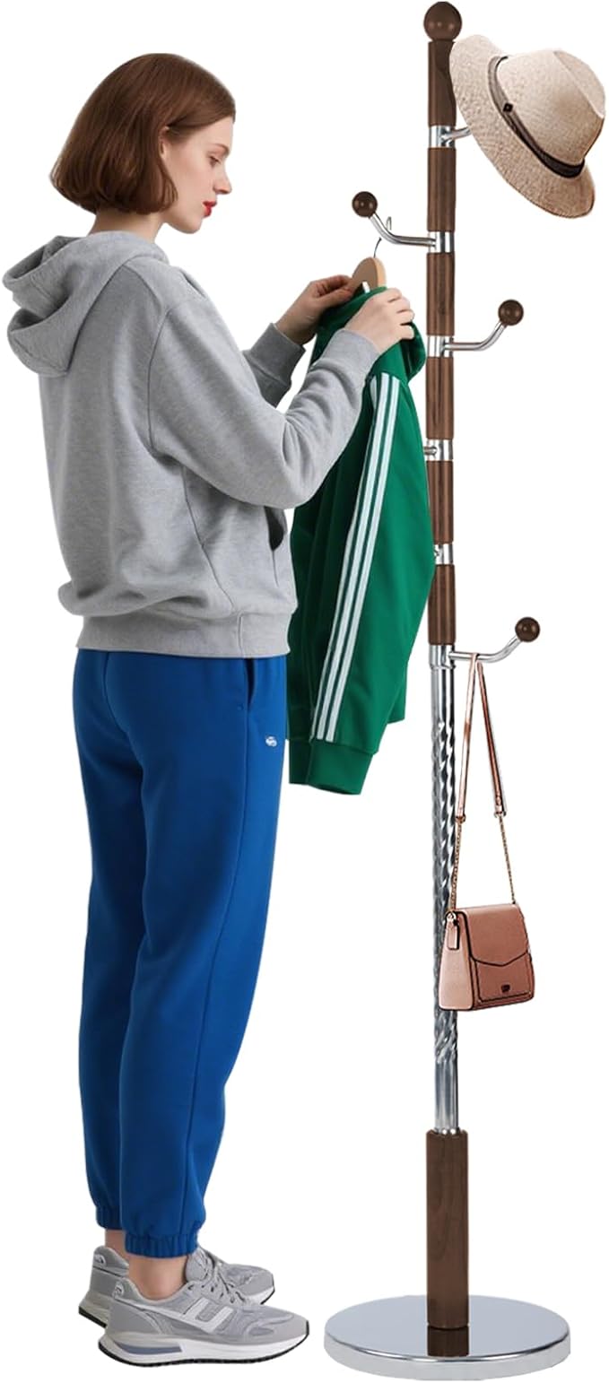 Coat Racks Freestanding, Natural Wood Coat Stands with 6 Hooks, 68" Heavy Duty Adjustable Height Vintage Hall Tree for Entryway, Bedroom, Office, Easy Assembly (Walnut Metal Hook)