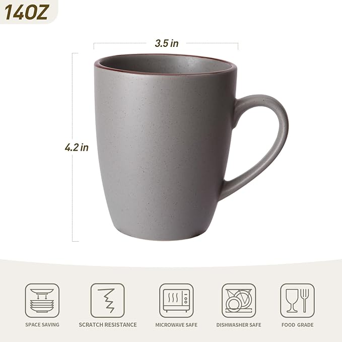 famiware Venus Coffee Mugs for 6, 14 oz Mug Set, Dringking Cup with Handle for Coffee, Tea, Cocoa, Milk, Dark Grey