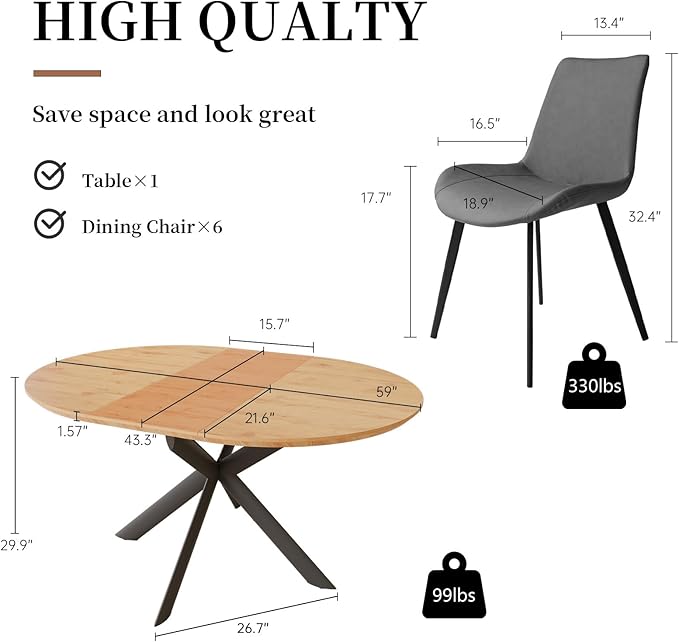 43.2"-59.1" Extendable Round Dining Table Set of 7, Round Kitchen Table with Thickened MDF Board, Oak Coffee Table,Steel Legs