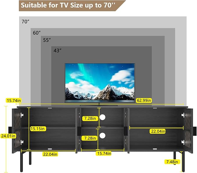 ARTPOWER 63" Modern TV Stands for Living Room, Long Entertainment Center with Storage, TV Console for 55 60 65 70 Inch TV, Bedroom TV Cabinet with Doors, Wood Media Console, Television Stand, Grey