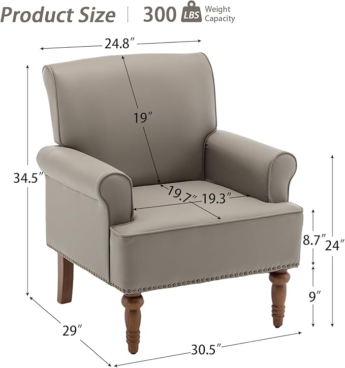 Accent Chair, Faux Leather Living Room Chairs with Nailhead Trim, Mid-Century Lounge Armchair with Solid Wood Legs, Comfy Reading Single Sofa for Bedroom, Waiting Room (Grey, 1 Chair)