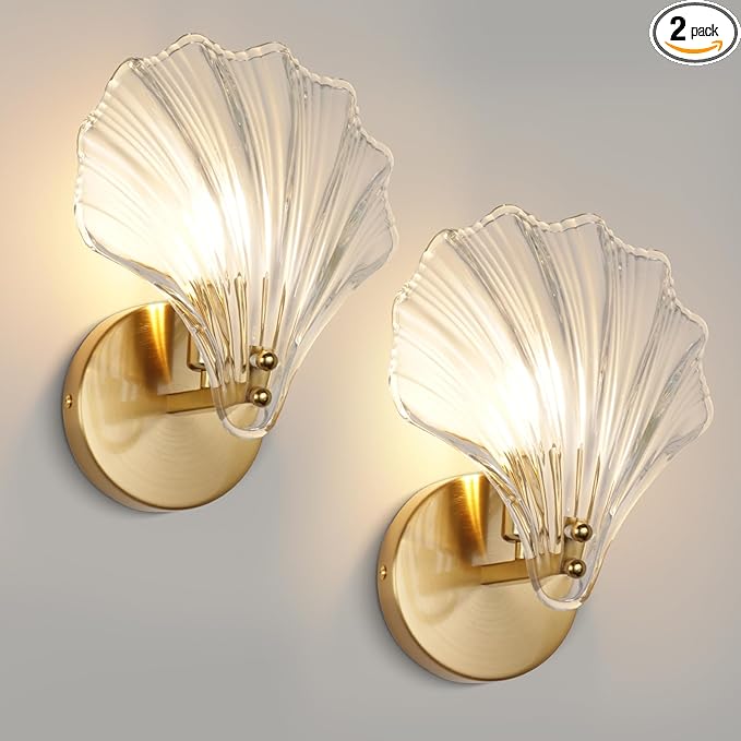 2 Pack Gold Glass Wall Sconces Crystal Wall Light with Clear Shell Shaped Glass Shades, Mid Century Gold Vanity Light Brass Bathroom Light Fixtures Beside The Mirror for Bedroom Porch Indoor