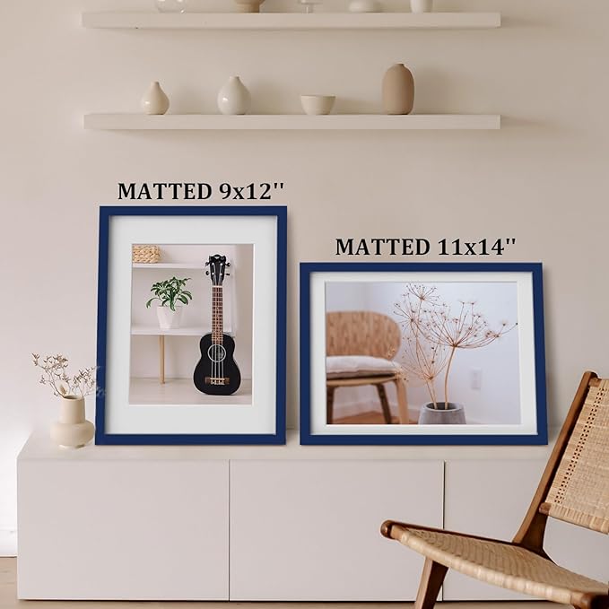 Egofine 12x16 Picture Frame Made of Solid Wood, Display Covered by Plexiglass, Display Pictures 9x12/11x14 with Mat or 12x16 Without Mat for Wall Mounting, Navy Blue