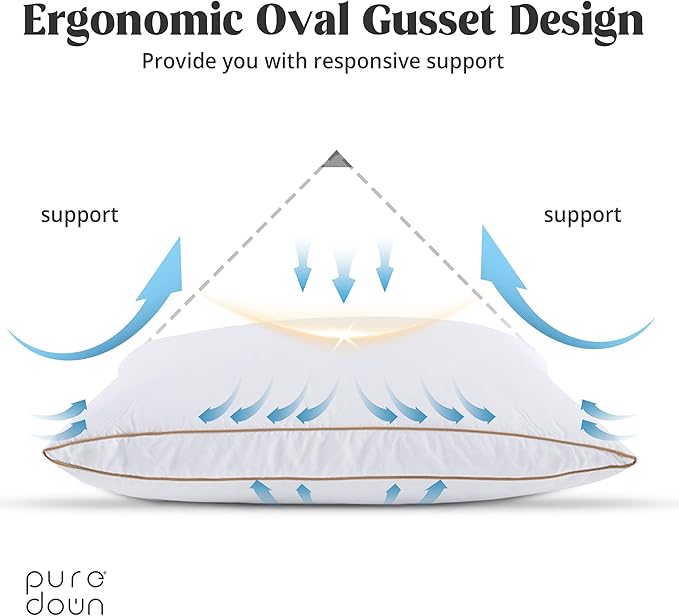 puredown® Natural Goose Down Feather Pillows for Sleeping Oval Gusseted Down Feather Pillow 100% Cotton Pillow Cover with Leaf Quilting Queen Set of 2
