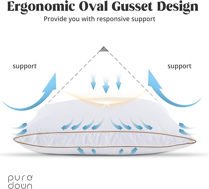 puredown® Natural Goose Down Feather Pillows for Sleeping Oval Gusseted Feather Down Pillow 100% Cotton Pillow Cover with Leaf Quilting Standard Set of 2