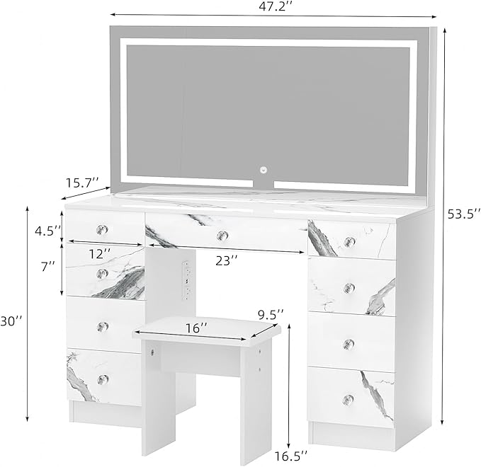 VOWNER Vanity with Lighted Mirror - 47" Makeup Vanity Desk with 9 Drawers and Power Outlet, 3 Color Lighting Modes Adjustable Brightness, Makeup Desk with Soft Cushioned Stool for Bedroom, Marble