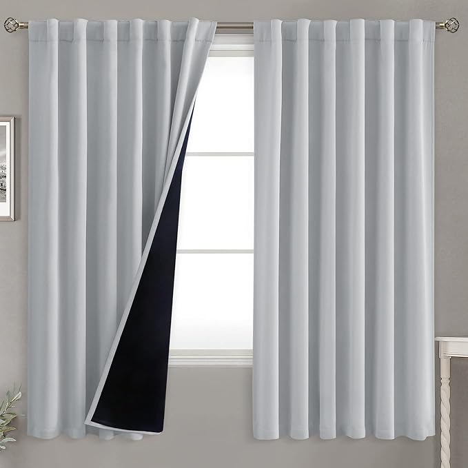 BGment Light Grey 100% Blackout Curtains 63 Inches Long with Reducing Noise Liner, Soundproof Curtains Rod Pocket Back Tab Room Darkening Window Curtain for Bedroom, 2 Panels, Each 52 x 63 Inch