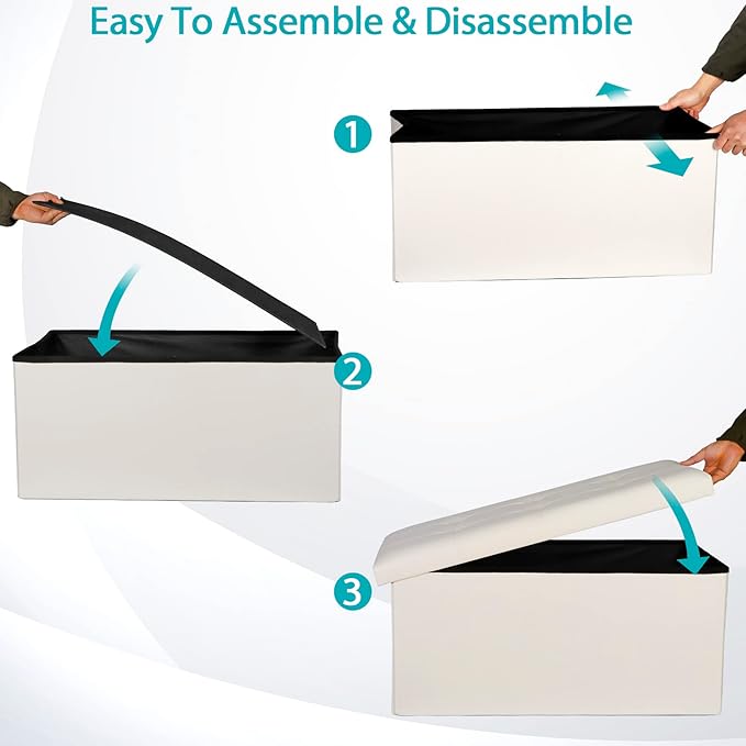 SUPER DEAL Folding Storage Ottoman Bench, Waterproof Faux Leather Ottoman Padded Seat Footrest Bench for Living Room, Bedroom, Entryway, Small Spaces, 15 x 30 x 15 inches, Creamy White