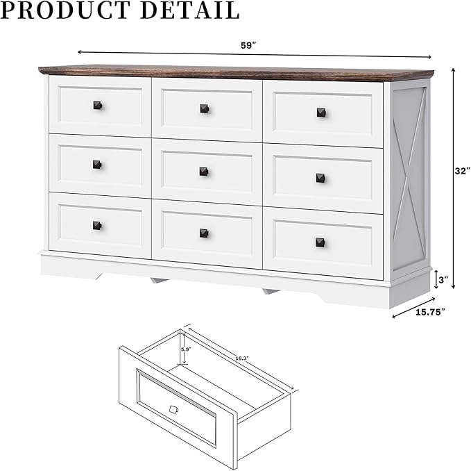 Farmhouse 9 Drawers Dresser Chests for Bedroom, White 9 Drawers TV Stand, Long Wood Dressers Organizer for Closet, Modern Storage Organizer Cabinet for Bedroom, Hallway & Entryway