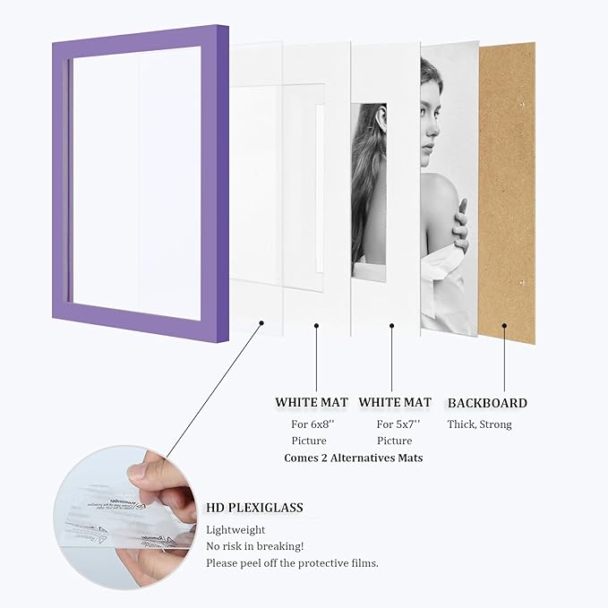 Egofine 9x12 Picture Frame Made of Solid Wood Covered by Plexiglass, Wood Frame for Pictures 5x7/6x8 with Mat or 9x12 without Mat, Tabletop and Wall Mounting Display, Purple