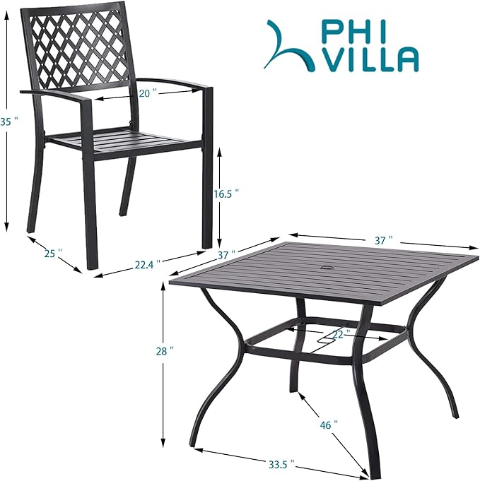 PHI VILLA 5-Piece Metal Patio Outdoor Table and Chairs Outdoor Dining Set - 37" Square Patio Table w/1.57" Umbrella Hole and 4 Backyard Garden Chairs