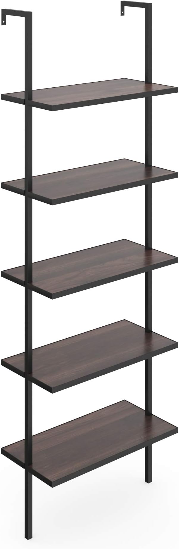 Nathan James Theo 5-Shelf Wood Modern Bookcase, Open Wall Mount Ladder Bookshelf with Industrial Metal Frame, Walnut Brown/Black, Set of 4
