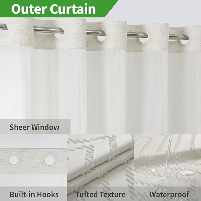 No Hook Tufted Chevron Striped Shower Curtain with Snap-in Fabric Liner set-71Wx74H(72H),Cream Hotel Grade Boho Style Shower Curtain with See Through Top Window,Water Repellent