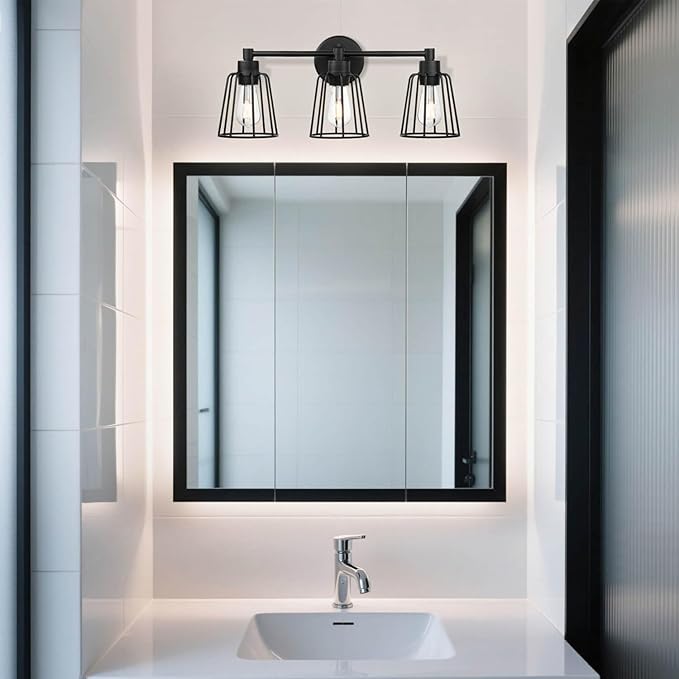 XiNBEi Lighting Farmhouse Bathroom Light Fixtures, 3 Light Bathroom Vanity Light, Industrial Metal Cage Sconces Wall Lighting in Matte Black Finish XB-W1287-3-MB