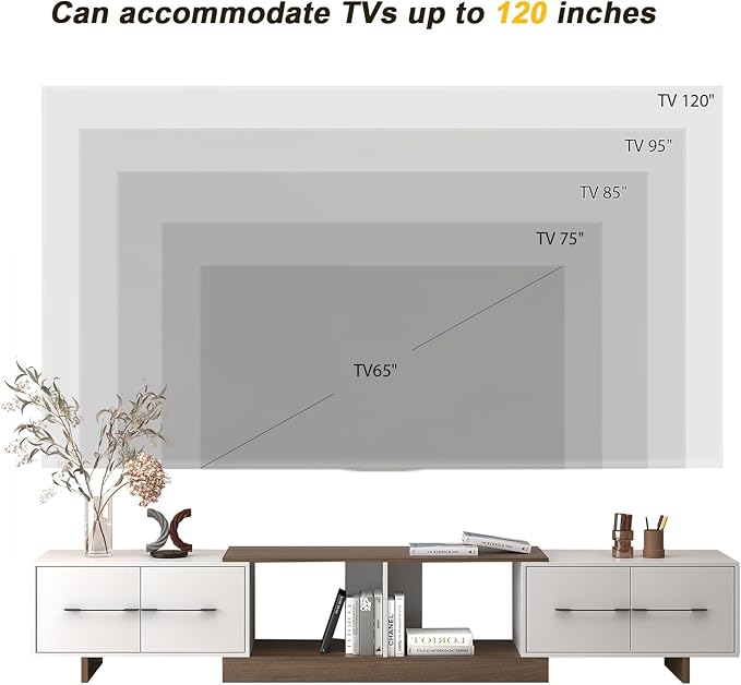 Extendable TV Stand, Modern TV Console for Up to 120 Inch TV, Entertainment Center with 4 Large Drawers & Open Shelf, Media Console for Living Room - White & Walnut (Extendable 74.80"-102.36")