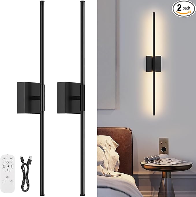 Battery Operated Wall Sconce Set of Two with Remote Control, 3000K-6000K Dimmable Black Wall Lights, Timable LED Wireless Wall Sconces, 350° Ratate for Bathroom, Living Room, Hallway 29.1 Inch