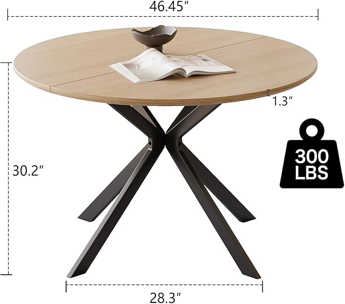 46.4" Round Dining Table, Mid Century Modern Round Dining Room Table for 4-6 with Metal Legs, Easy Assembly Coffee Table, Space-Saving Design for Kitchen and Dining Room