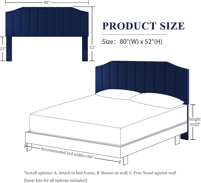 King Size Headboard Only, Velvet Upholstered Headboard King/California King Size Wall Mount and Bed Frame Mount, Featuring High-Density Sponge Padding Easy Assembly Comfort Style-Navy Blue