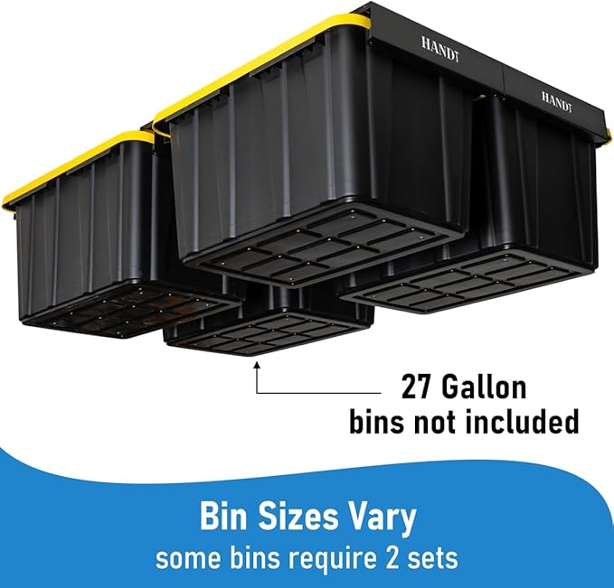 HandT USA Based Overhead Garage Storage Rack, Ceiling Tote Bin Organization Rails Shelving Racks System, Heavy Duty Hanging Metal Rack Systems for 27 Gallon Container, Supports Most Bins, 4 Sets Black