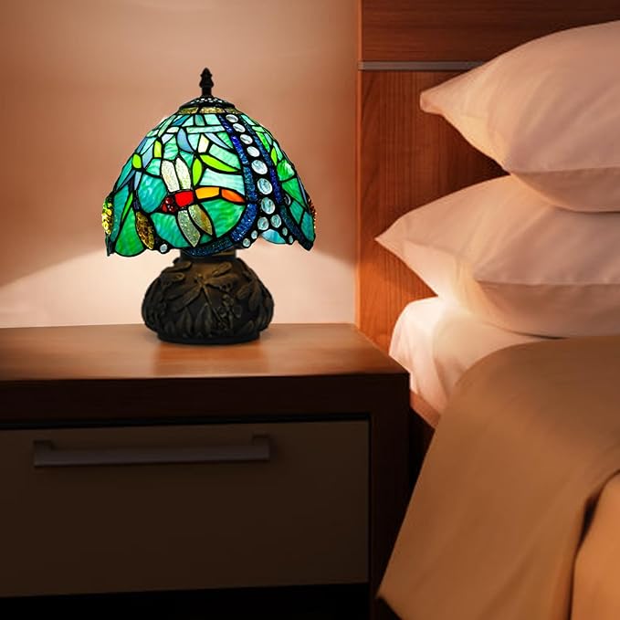 Small Tiffany Stained Glass Lamp, 3 Color Temperatures Bedside Lamp, 8 Inch Mushroom Desk Light for Bedroom Living Room Office Home Decor (Wheat Pattern)