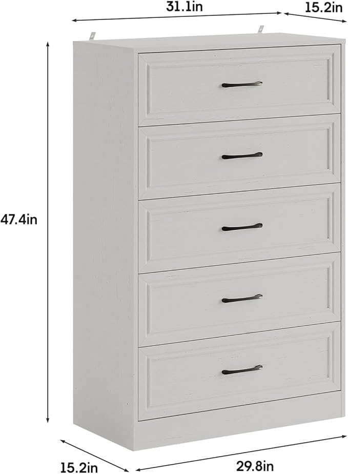Fameill Dresser for Bedroom, 5 Drawer Tall Dresser Organizer, TV Stand for Livingroom, Chest of Drawers with Metal Handles, Woodgrain White