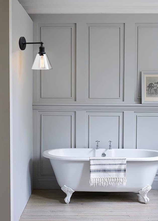 Yosoan Indoor Wall Sconce Fixture Light, 1-Light Modern Single Brass Vintage Industrial Hardwired with Funnel Flared Clear Glass Shade Lamp for Bathroom Sink Porch Kitchen Living Room(Black)